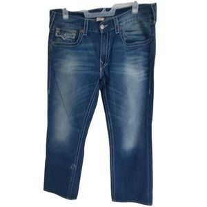 True Religion blue Jeans Distress 38 Ricky Super T Patch Embroider Made USA $135